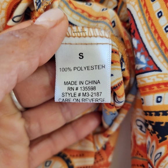 CURE Floral Orange Blue Roll-Tab V-Neck Pull-On Blouse‎ Top Size M/Small — Used, - Picture 12 of 14